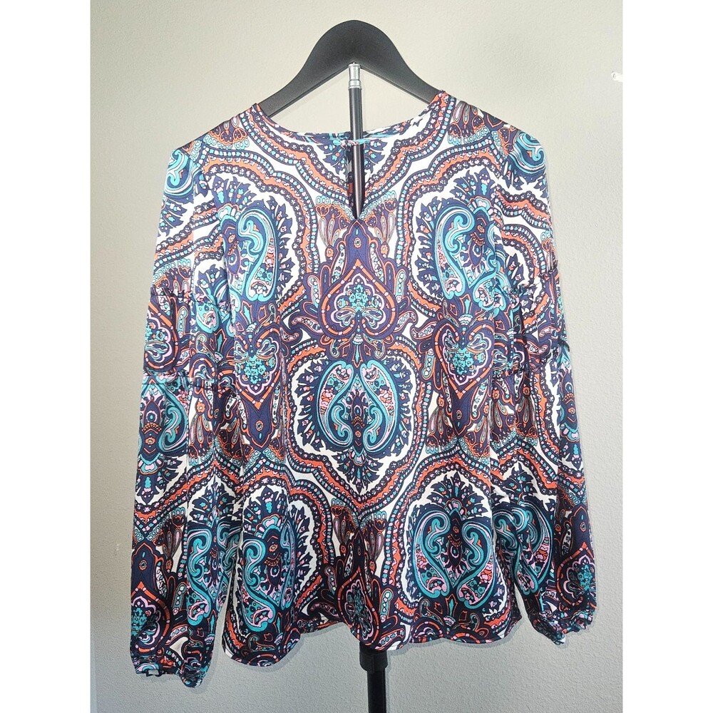 Talbots Womens XS Paisley Boho Blouse Navy Blue Coral Long Sleeve Peasant Top